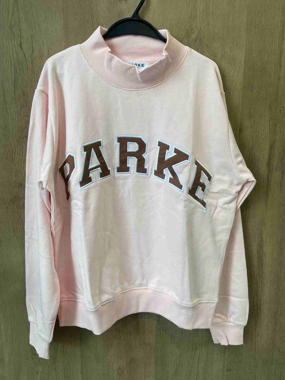 Parker Light Pink Mock-Neck Sweatshirt with Brown Lettering